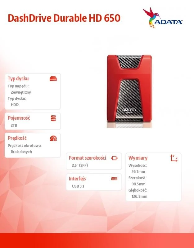 Išorinis kietasis diskas Adata HD650 2TB 2.5" Raudonas