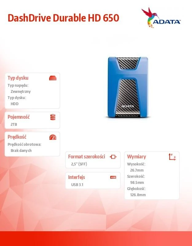 Kietasis išorinis diskas Adata HD650 2TB 2.5", USB 3.1 (suderinama su USB 2.0), Mėlynas