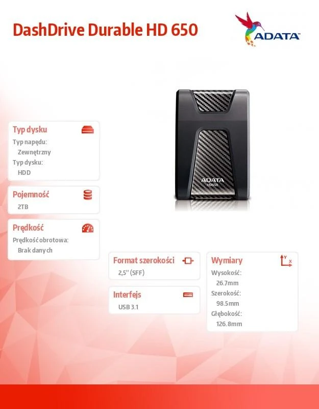 Kietasis diskas ADATA HD650 2TB USB3.0 Juodas ext. 2.5in