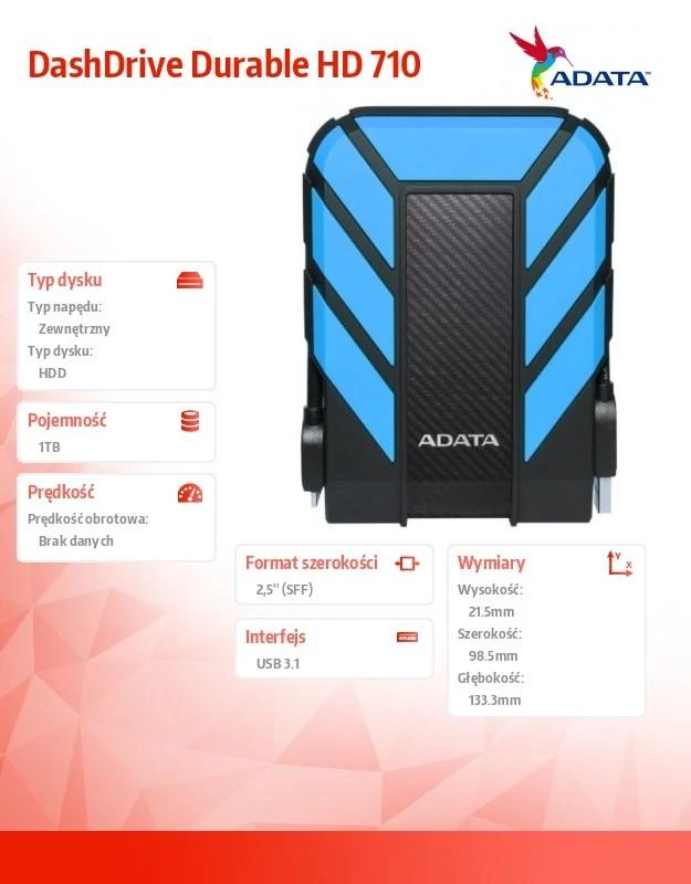 ADATA HD710P 1000 GB, 2.5", USB 3.1 (atgal suderinama su USB 2.0), Mėlyna