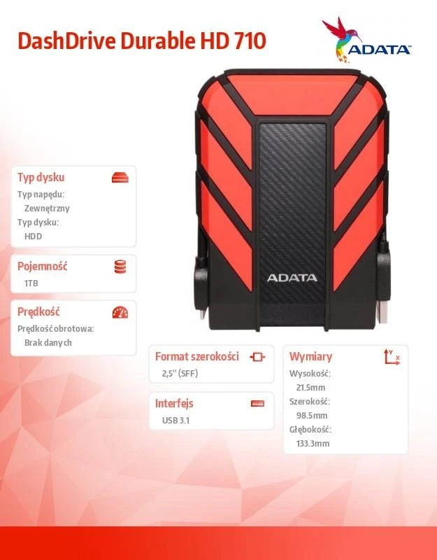 ADATA HD710P 1000 GB, 2.5", USB 3.1 (atgal suderinama su USB 2.0), Raudona