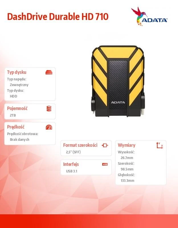 Išorinis diskas Adata HD710 Pro Išorinis kietasis diskas USB 3.1 2TB Geltonas