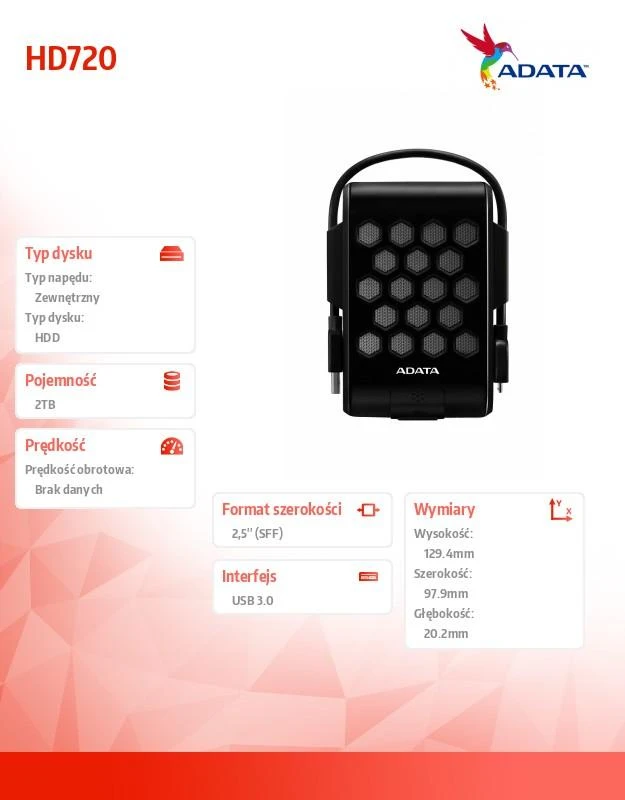 Išorinis kietasis diskas Adata HD720 2TB USB3 Juodas, IP68