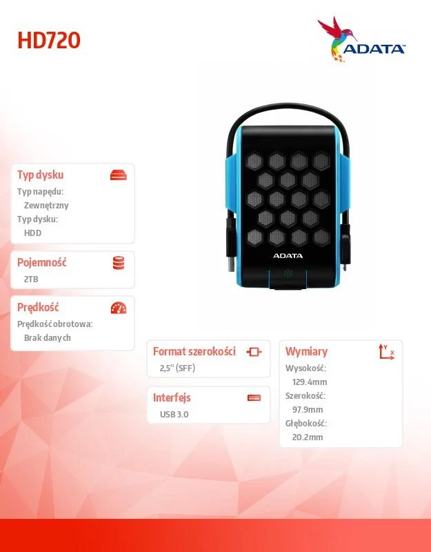Išorinis kietasis diskas Adata HD720 2TB Mėlynas