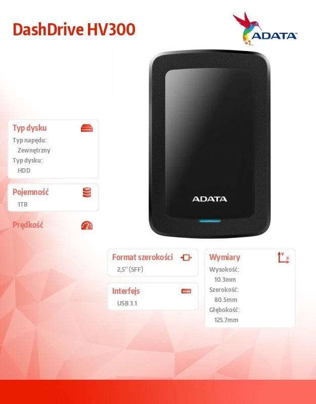 ADATA HV300 AHV300-1TU31-CBK 1000 GB, 2.5 ", USB 3.1, Juodas