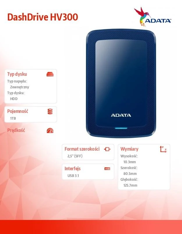 Išorinis kietasis diskas Adata HV300 1TB, 2.5", USB 3.1, Mėlynas AHV300-1TU31-CBL