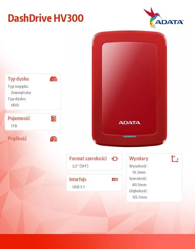 Kietasis išorinis diskas Adata HV300 1TB, 2.5", USB 3.1, Raudonas