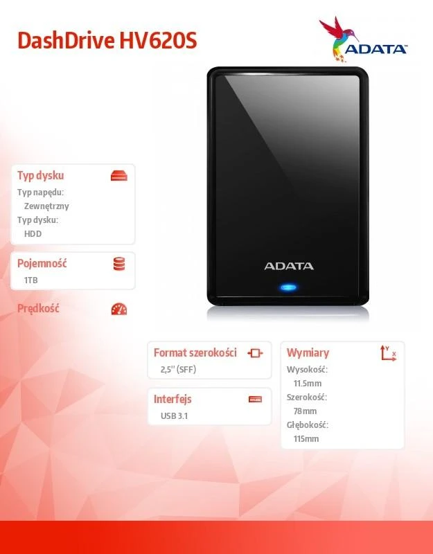 Išorinis kietasis diskas Adata HV620S 1TB 2,5'' USB3.0 Juodas