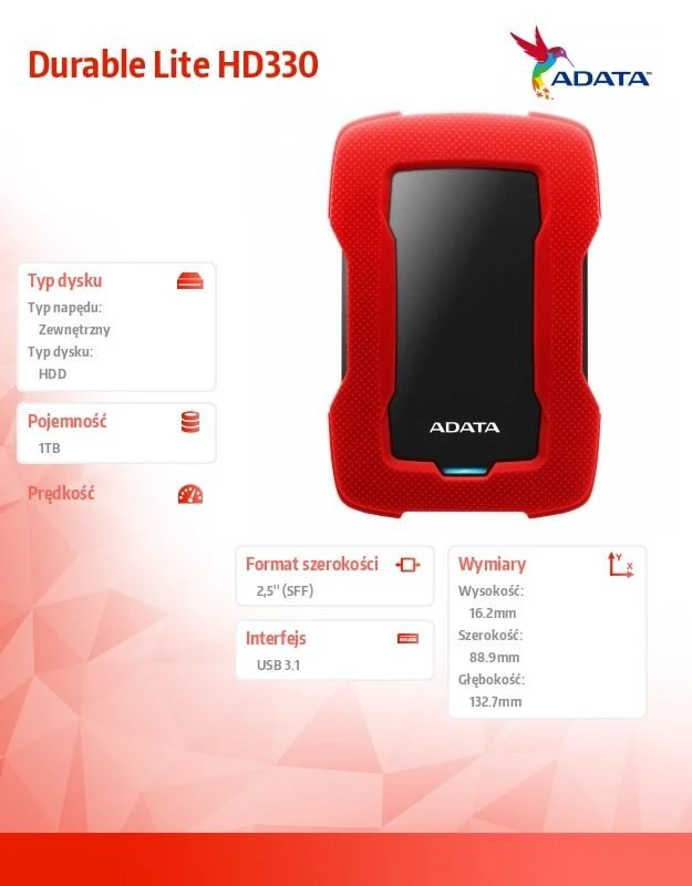 ADATA HD330 1000 GB, 2.5", USB 3.1, Raudona