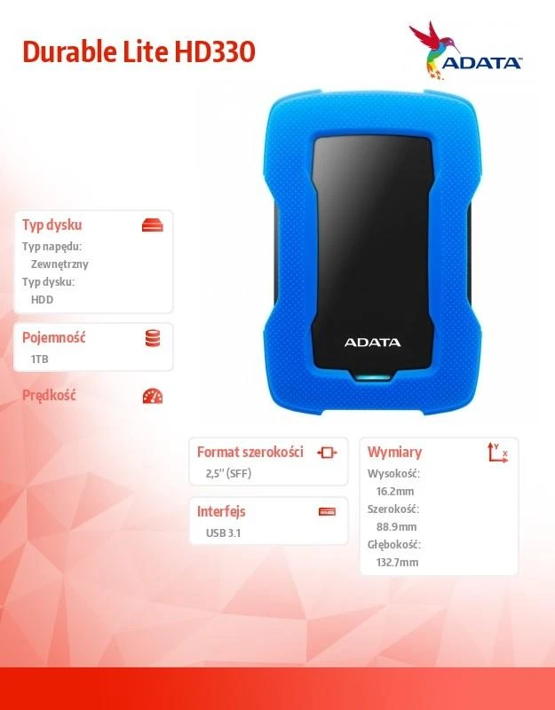 ADATA HD330 1000 GB, 2.5 ", USB 3.1, Mėlyna