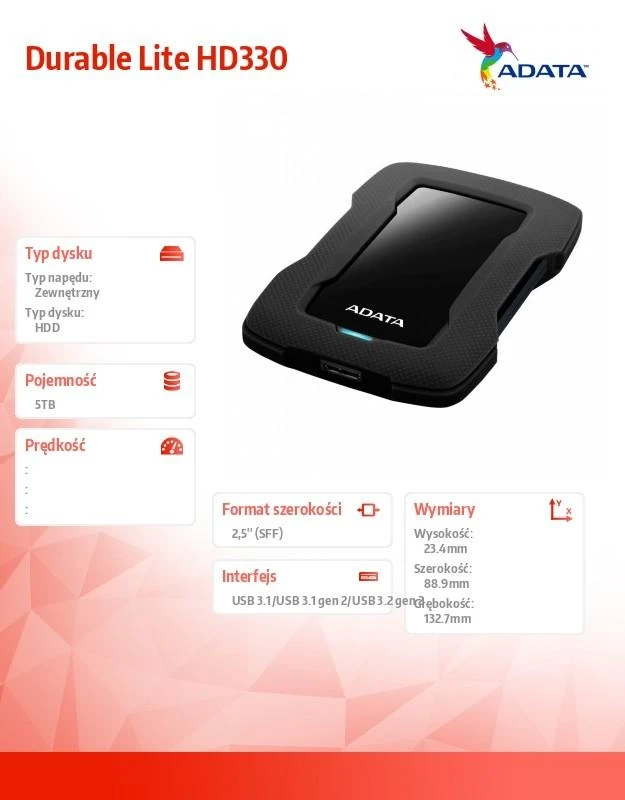 Kietasis diskas Dysk zewnętrzny HDD ADATA HD330 5TB Juodas (AHD330-5TU31-CBK)