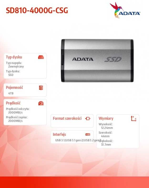 Išorinis Kietasis Diskas - Adata SD 810 4TB Sidabrinis