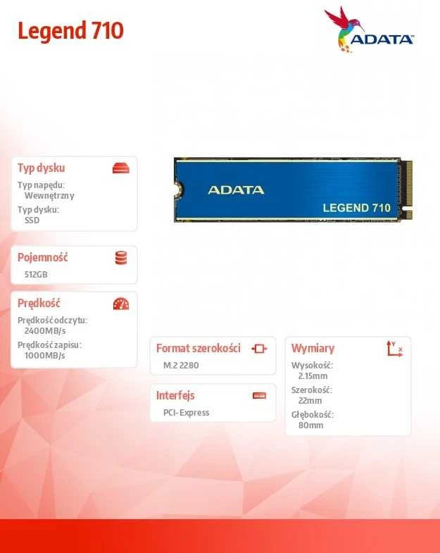 Kietasis diskas ADATA LEGEND 710 PCIe Gen3 x4 M.2 2280, 512GB