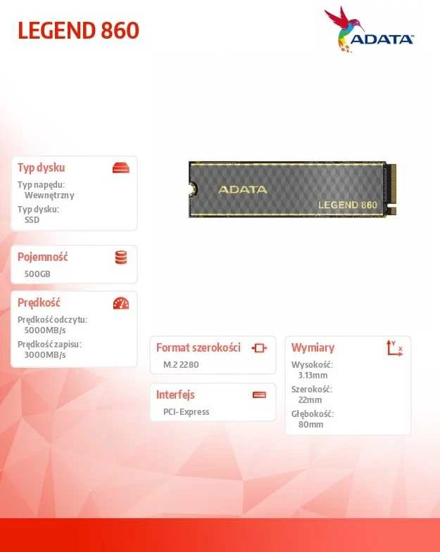 Adata SSD LEGEND 860 500GB PCIe 4x4 5000/3000 MB/s M.2