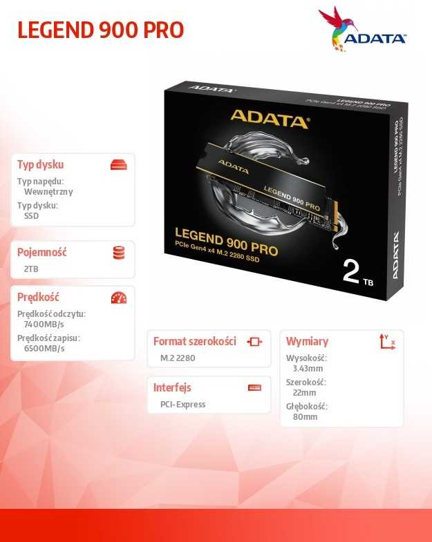 ADATA „Dysk Legend 900 Pro 2EF4C“ SSD diskas, 2TB, M.2 2280, PCI-E x4, Gen4, NVMe (SLEG-900P-2TCS)