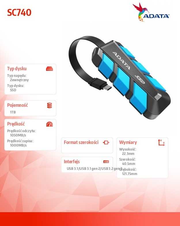 Kietasis diskas Adata SC740 1TB SSD Mėlyna