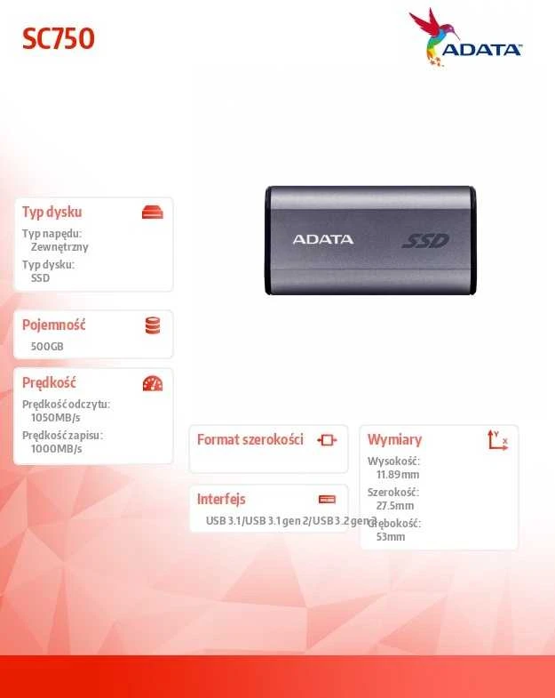 Kietasis diskas Adata SC750 500GB SSD Titanium
