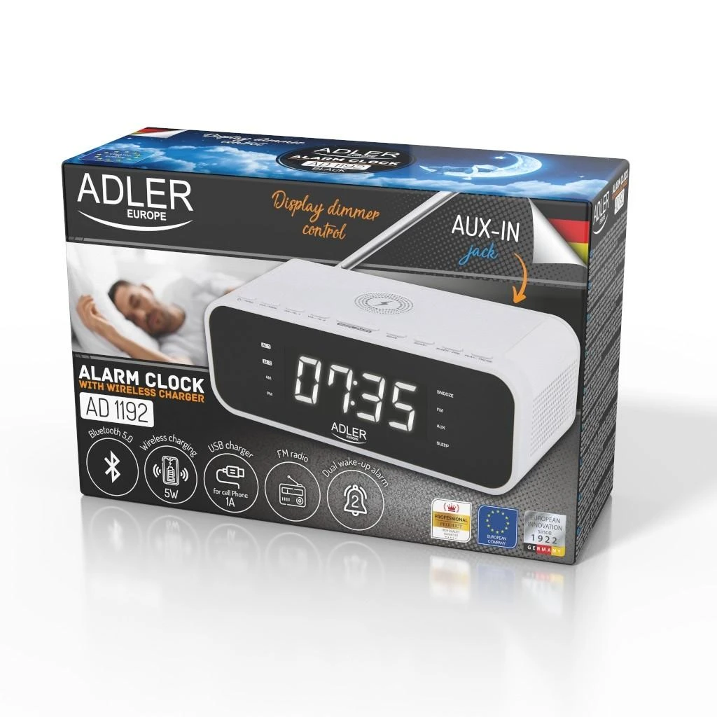 Adler | Žadintuvas su belaidžiu įkrovikliu | AD 1192W | Signalizacijos funkcija | AUX in | Baltas