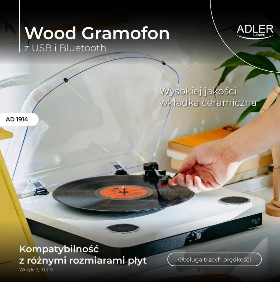 Patefonas Adler AD-1914W su USB ir Bluetooth, baltos spalvos