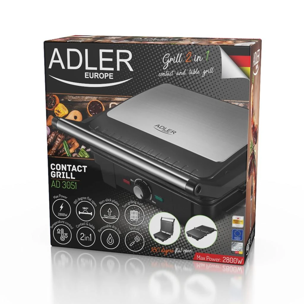 Sumuštinių keptuvas Adler | Electric Grilis XL | AD 3051 | Table | 2800 W | Juodas/Nerūdijantis plienas
