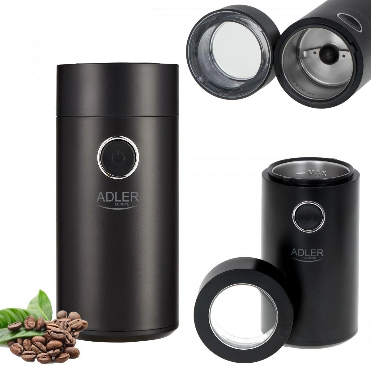 Kavamalė Adler | Kavos malūnėlis | AD4446bs | 150 W | Kavos pupelių talpa 75 g | Dangčio apsauginis jungiklis | Juodas
