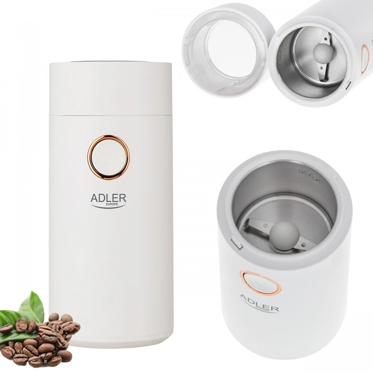 Kavamalė Adler | Kavos malūnėlis | AD4446wg | 150 W | Kavos pupelių talpa 75 g | Dangčio apsauginis jungiklis | Baltas