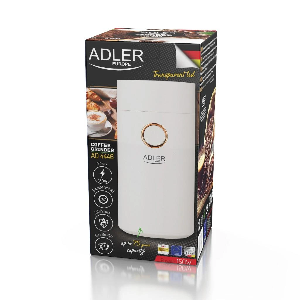 Kavamalė Adler | Kavos malūnėlis | AD4446wg | 150 W | Kavos pupelių talpa 75 g | Dangčio apsauginis jungiklis | Baltas