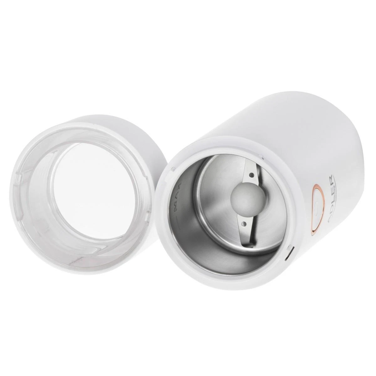 Kavamalė Adler | Kavos malūnėlis | AD4446wg | 150 W | Kavos pupelių talpa 75 g | Dangčio apsauginis jungiklis | Baltas