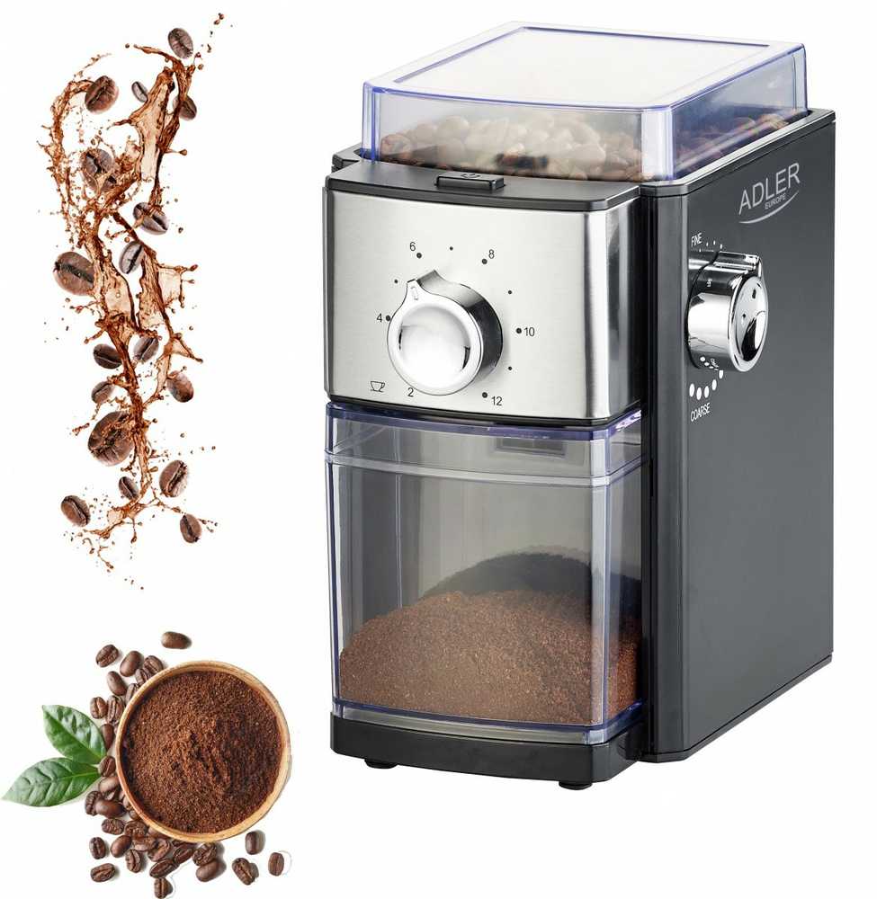 Kavamalė Adler | Kavos malūnėlis | AD 4448 | 300 W | Kavos pupelių talpa 250 g | Puodelių skaičius 12 talpykloje vnt(s) | Juodas