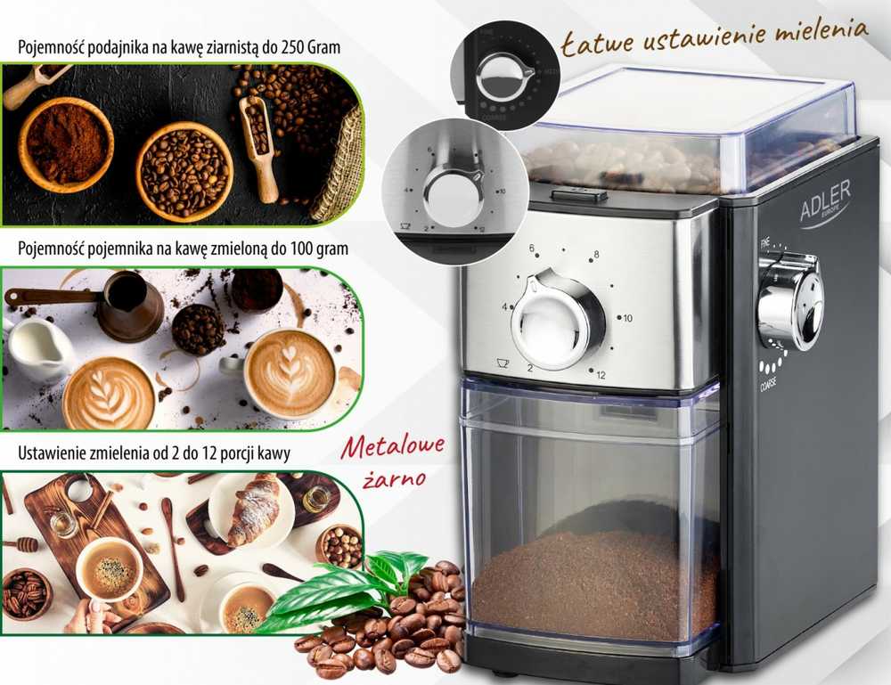 Kavamalė Adler | Kavos malūnėlis | AD 4448 | 300 W | Kavos pupelių talpa 250 g | Puodelių skaičius 12 talpykloje vnt(s) | Juodas