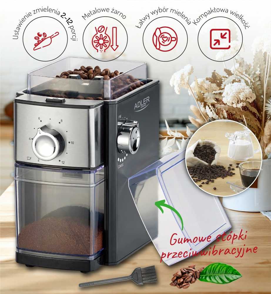 Kavamalė Adler | Kavos malūnėlis | AD 4448 | 300 W | Kavos pupelių talpa 250 g | Puodelių skaičius 12 talpykloje vnt(s) | Juodas