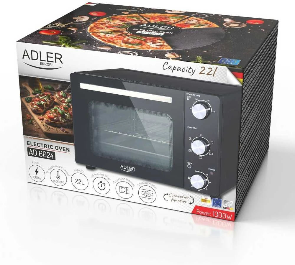 Mikrobangų krosnelė Adler elektrinė orkaitė | AD 6024 | 22 L | 1300 W | Juodas