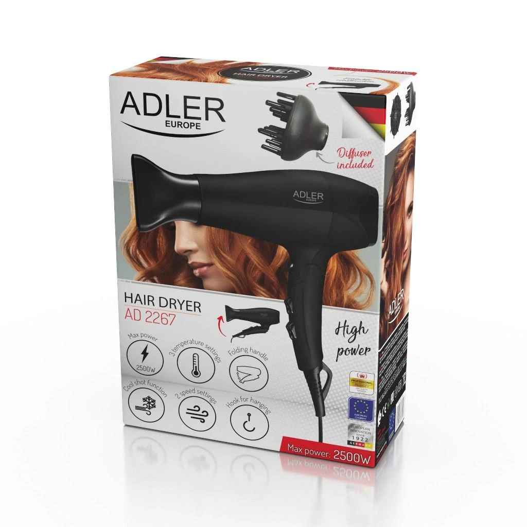 Adler | Plaukų džiovintuvas | AD 2267 | 2100 W | Number of temperature settings 3 | Diffuser nozzle | Juodas