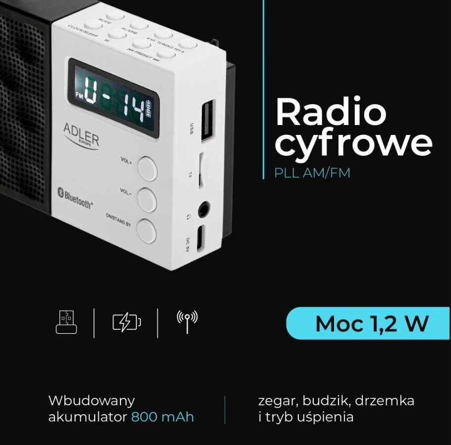 Adler | Digital Radio - PLL AM/FM | AD 1908 | Alarm function | Baltas/Juodas