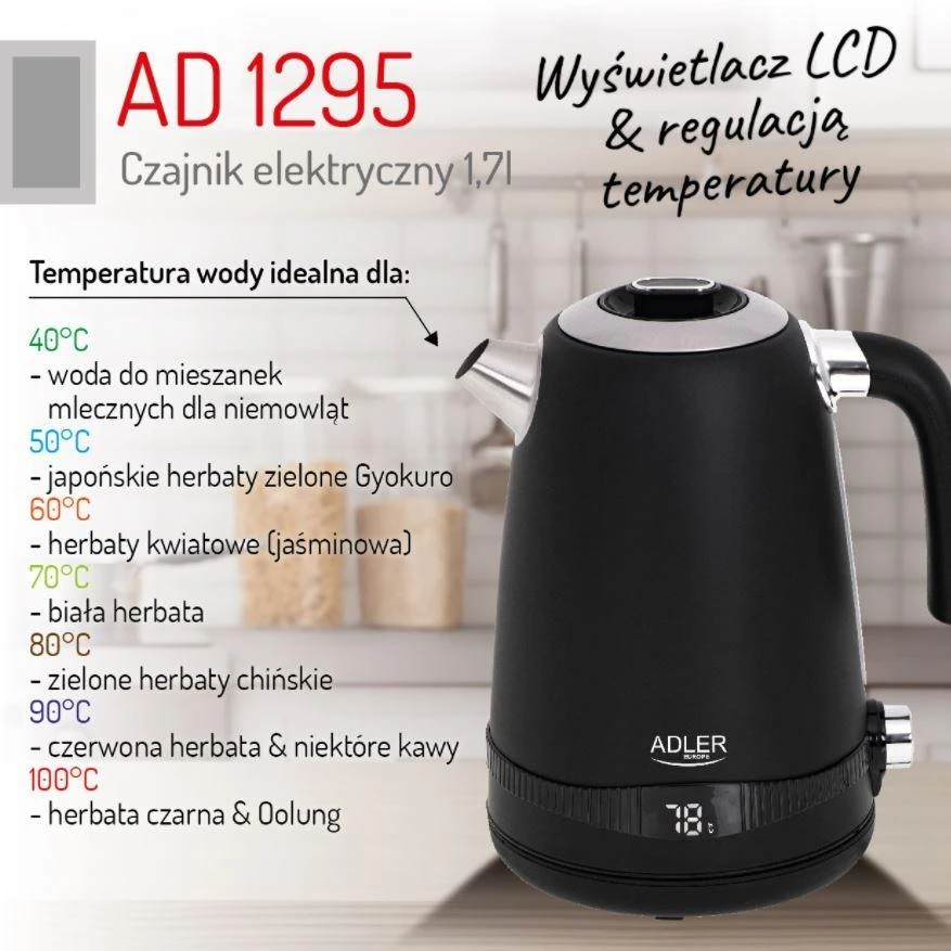 Adler | Virdulys | AD 1295b | Electric | 2200 W | 1.7 L | Nerūdijantis plienas | 360° rotational base | Juodas