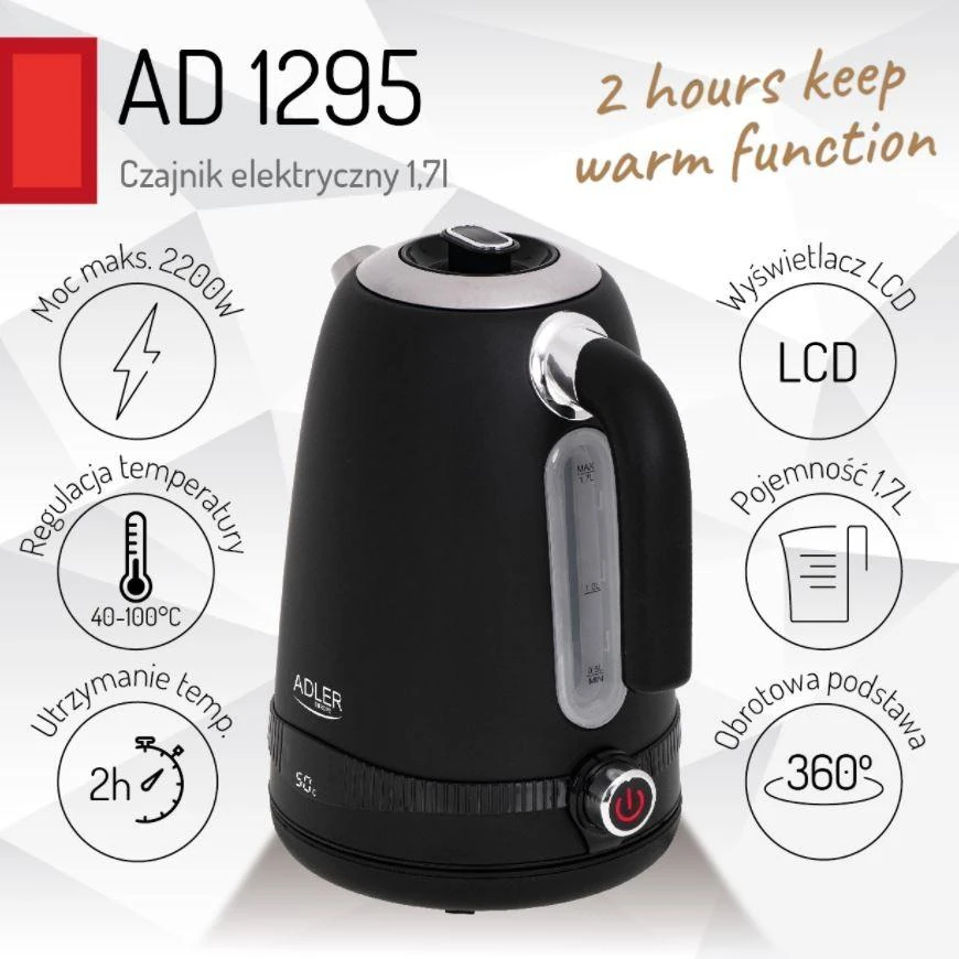 Adler | Virdulys | AD 1295b | Electric | 2200 W | 1.7 L | Nerūdijantis plienas | 360° rotational base | Juodas