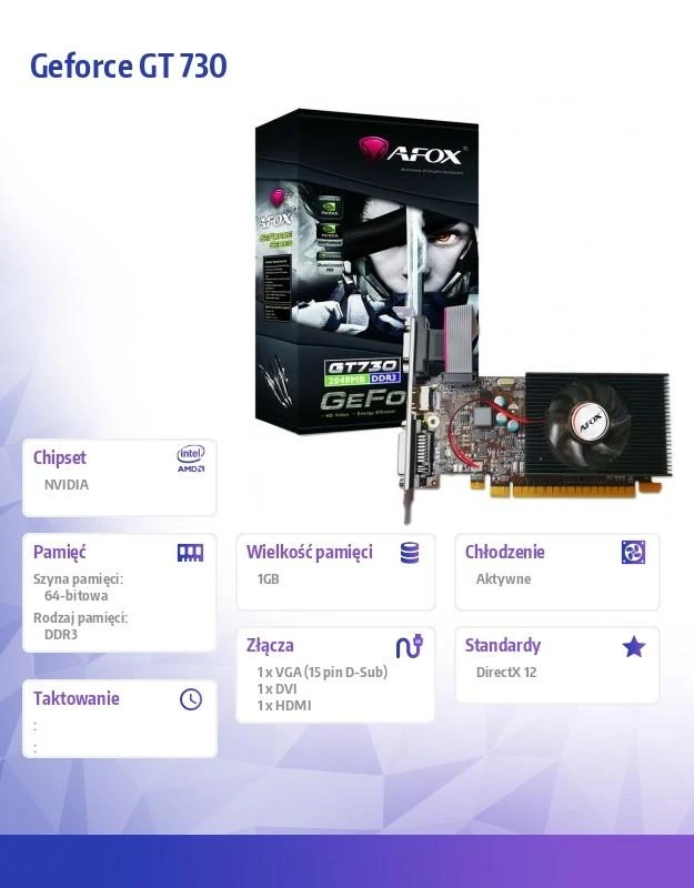 Vaizdo plokštė Afox geforce gt730 1gb ddr3 64bit dvi hdmi vga lp ventiliatorius v1 af730-1024d3l7-v1