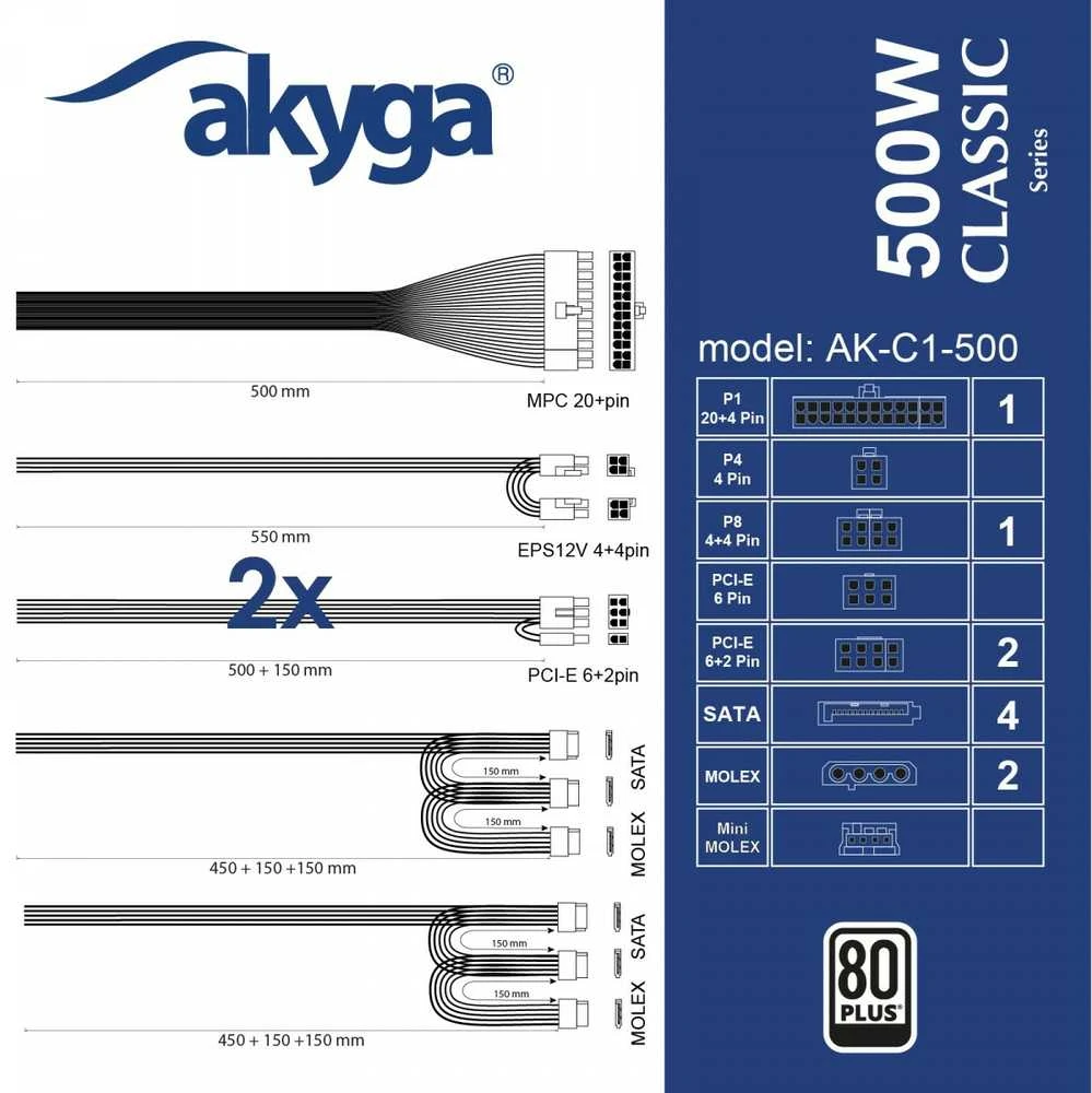 Akyga AK-C1-500 maitinimo blokas 468 W 24-pin ATX ATX Juoda