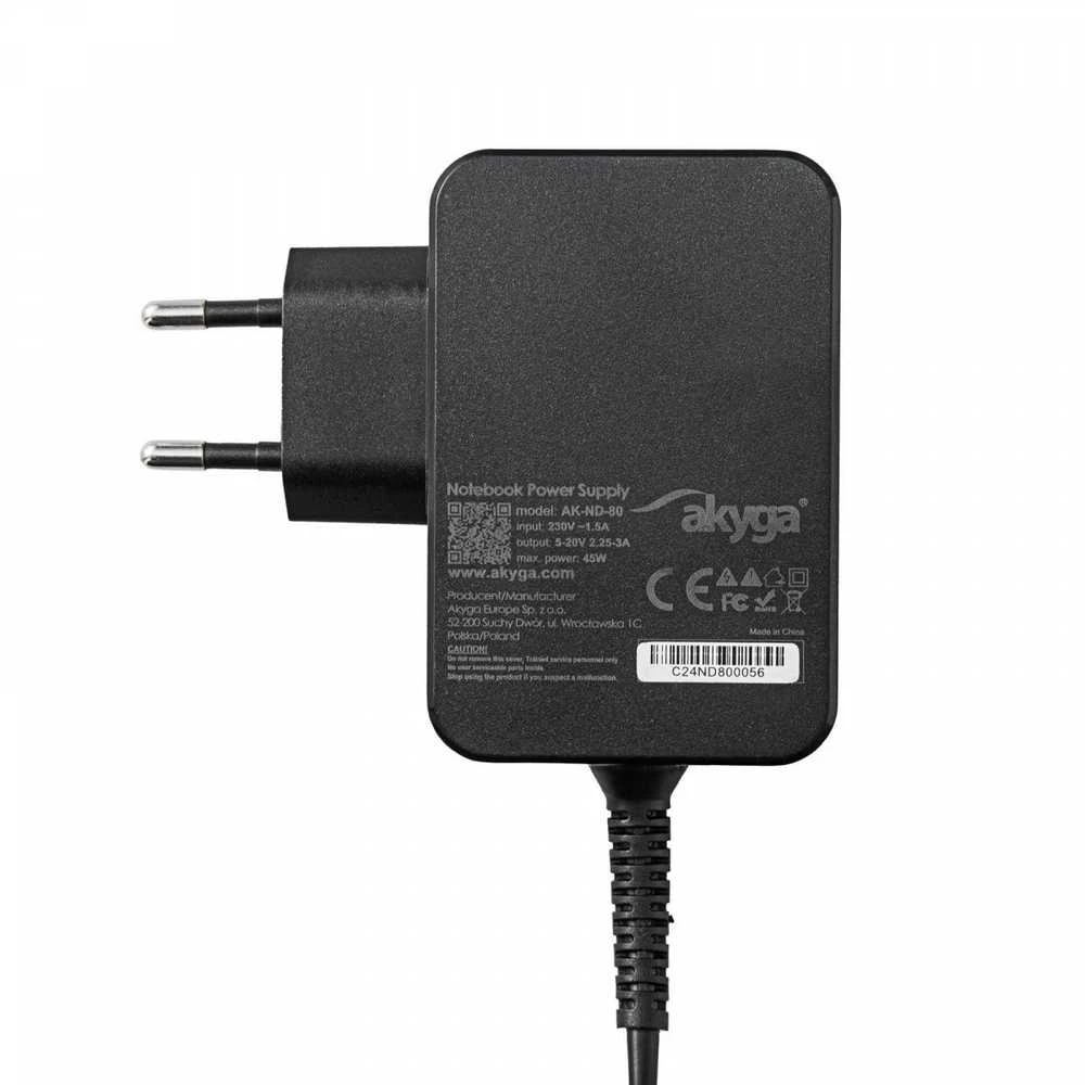 "Akyga" maitinimo šaltinis Akyga AK-ND-80 5-20V / 2,25-3A 45W C tipo USB 1,8 m GaN