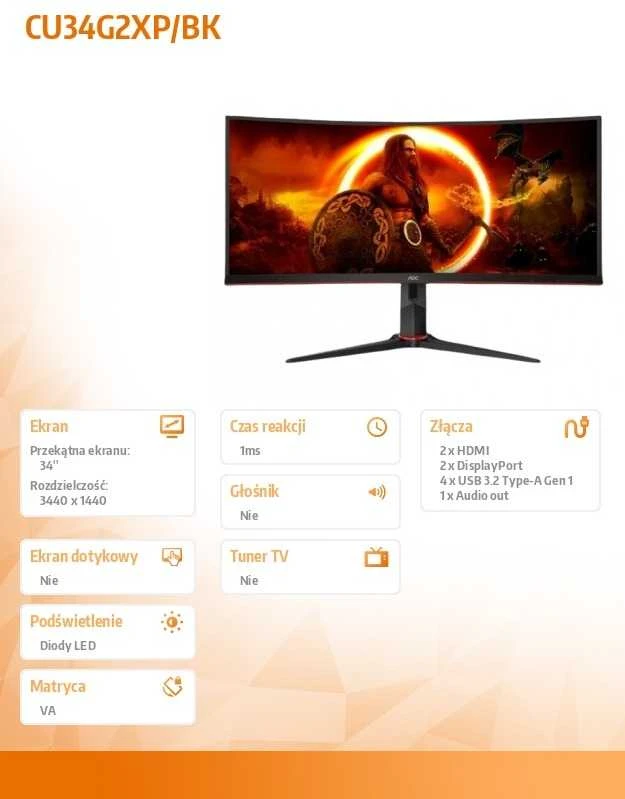 Žaidimų monitorius AOC CU34G2XP/BK, 34", WQHD Curved /3440 x 1440, VA, 180 Hz, 1 ms/ FreeSync Prem/HDR400
