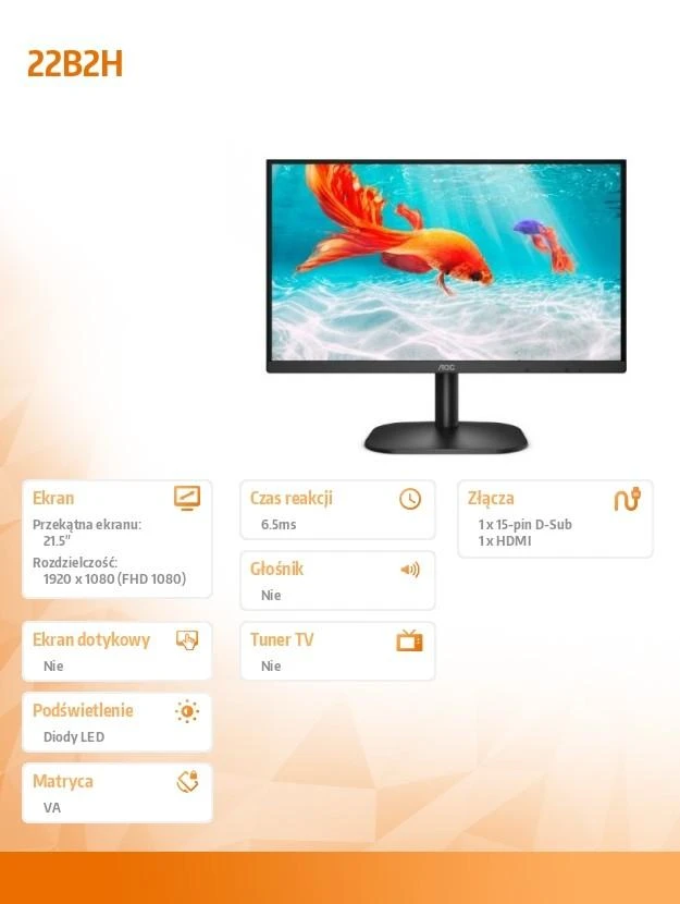 Monitorius AOC 22B2H LED 21.5inch/Business/Panel VA/ Full HD 1080p VGA 60Hz HDMI 75 Hz