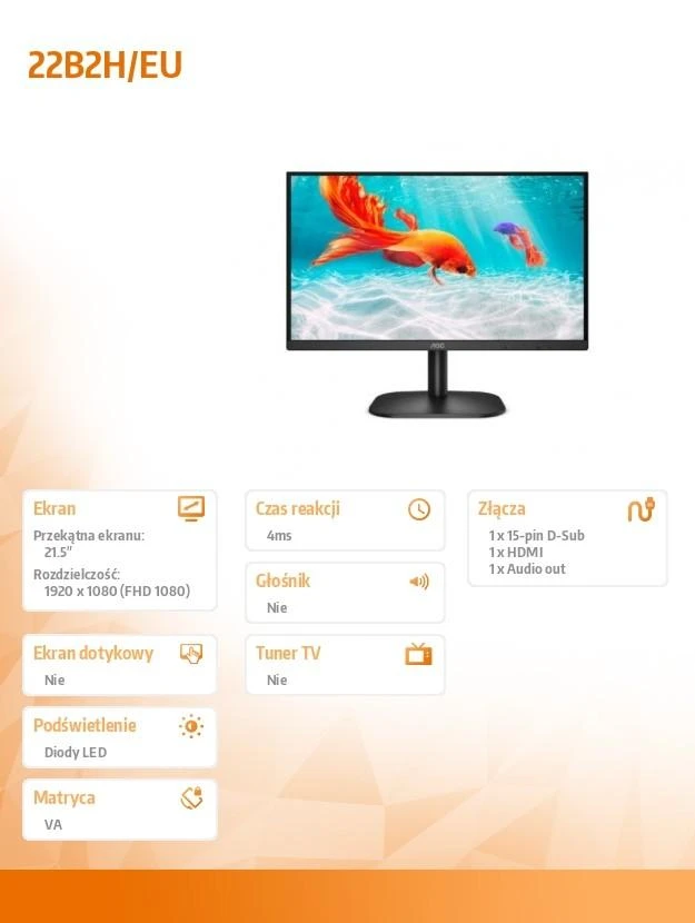 Monitorius AOC 22B2H LED 21.5inch/Business/Panel VA/ Full HD 1080p VGA 60Hz HDMI 75 Hz