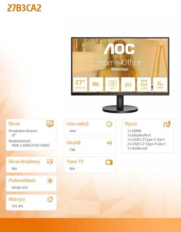 Monitorius AOC 27B3CA2 27inch 1920x1080 HDMI Juodas