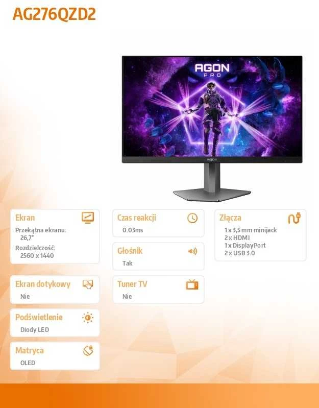 Monitorius AOC AG276QZD2 | 26.7" | OLED | QHD | 16:9 | 240 Hz | 0.03 ms | 2560 x 1440 pikselių | 250 cd/m² | HDMI x2