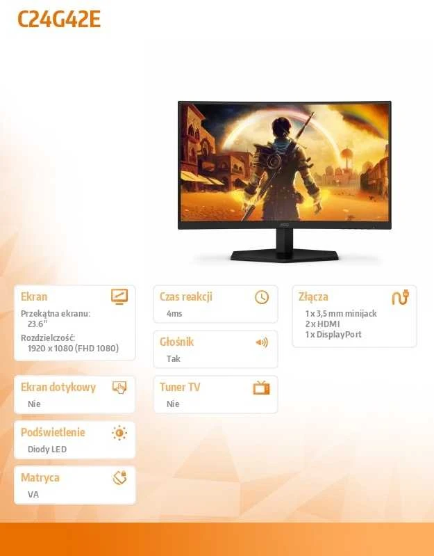 Žaidimų monitorius AOC C24G42E 23,6''  /FHD VA Curved /16:9 HDMI/DP 180Hz 1ms Sync