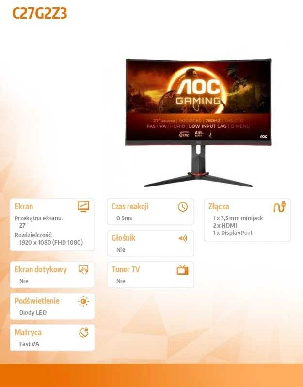 Monitorius AOC C27G2Z3/BK | 27 " | VA | FHD | 16:9 | 280 Hz | 1 ms | 1920 x 1080 pikselių | 300 cd/m² | HDMI jungtys quantity 2