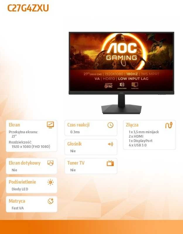 Lenktas žaidimų monitorius AOC Gaming C27G4ZXU, 27", 1920 x 1080, VA, 16:9, 280 Hz, 1 ms