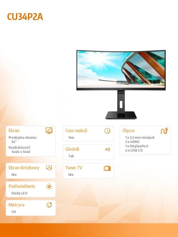 Monitorius AOC CU34P2A 34 colių VA lenktas 3440x1440 H/A 150mm 100hz FreeSync Premium ULTRAWIDE USB HOB GARSIAKARIAI DPx1 HDMIx2 VESA 100x100 PRO LINE