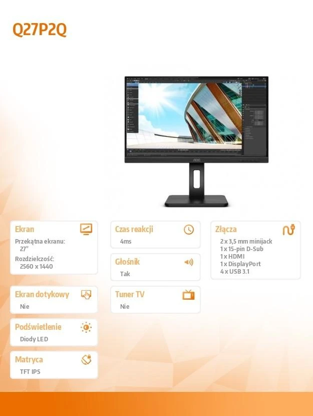 AOC Q27P2Q 27 colių QHD monitorius USB VGA DVI HDMI