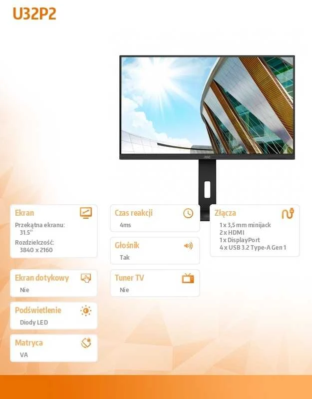 Monitorius AOC U32P2 31,5 colio VA WLED UHD 3840x2160 16:9 3000:1 350cd/m2 178/178 75Hz 4ms 2xHDMI 2.0 3Wx2 100x100 Juodas